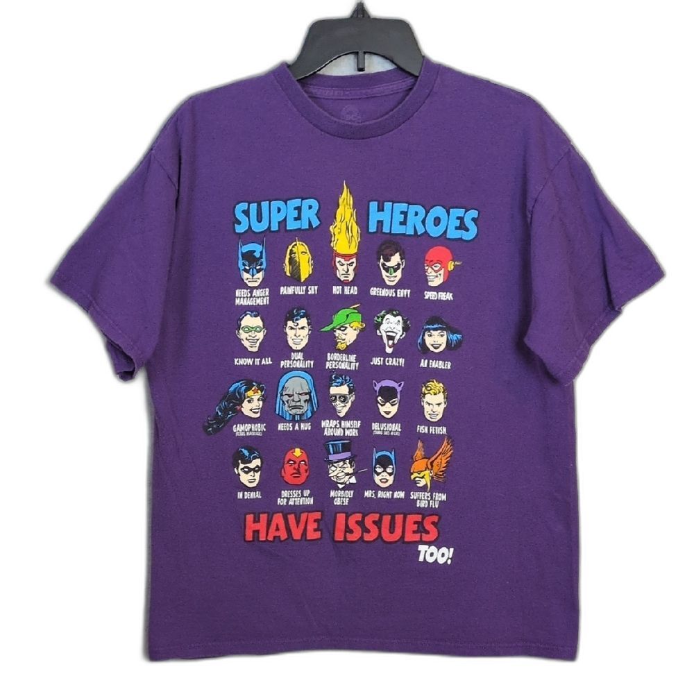 DC Comics SUPERHEROES HAVE ISSUES TOO Purple Graphic Tee Adult L